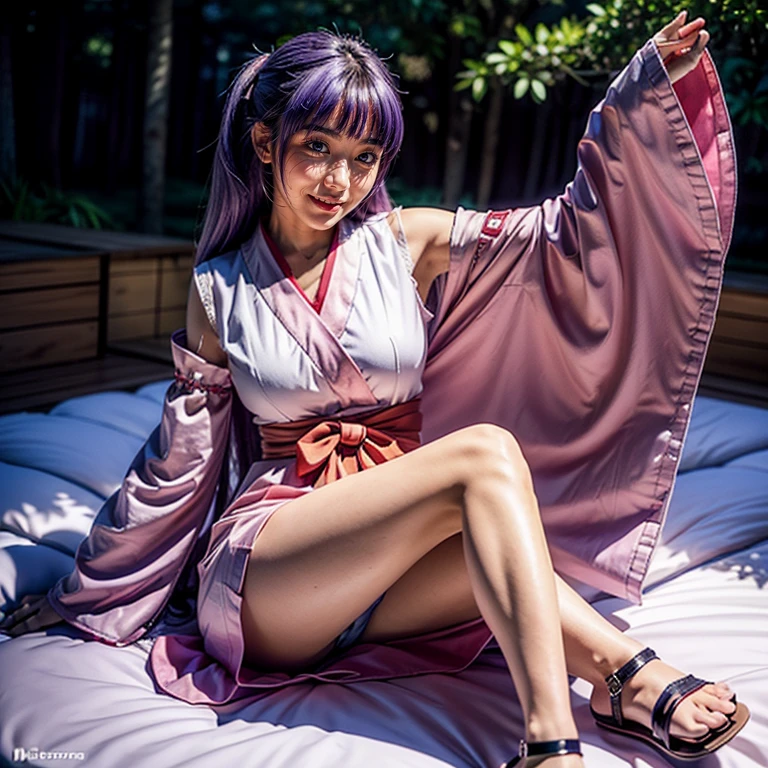 ultra-detailed, Beautiful body, Beautiful Nose, Beautiful character design, perfect eyes, perfect face, ultra highres, 16K, beautiful legs, perfect legs, Nice hands, Perfect hands, Masterpiece, Best Quality, Highly detailed, illustration, absurdres, perfect anatomy, expression of joy, glowing eyes, looking at viewer, mystic aura, female priestess, full body, goddess-like, happy trance, perfect female body, smile, japanese clothes, miko, detached sleeves, hakama, hakama skirt, red hakama, ribbon-trimmed sleeves, zori sandals, joyful eyes, horns, 1girl, hair ornaments, purple hair, long hair, purple eyes, (((pixel-perfect, detail-perfect))), solo, Hanyuu, higurashi when they cry, umineko when they cry, medium sized natural breasts