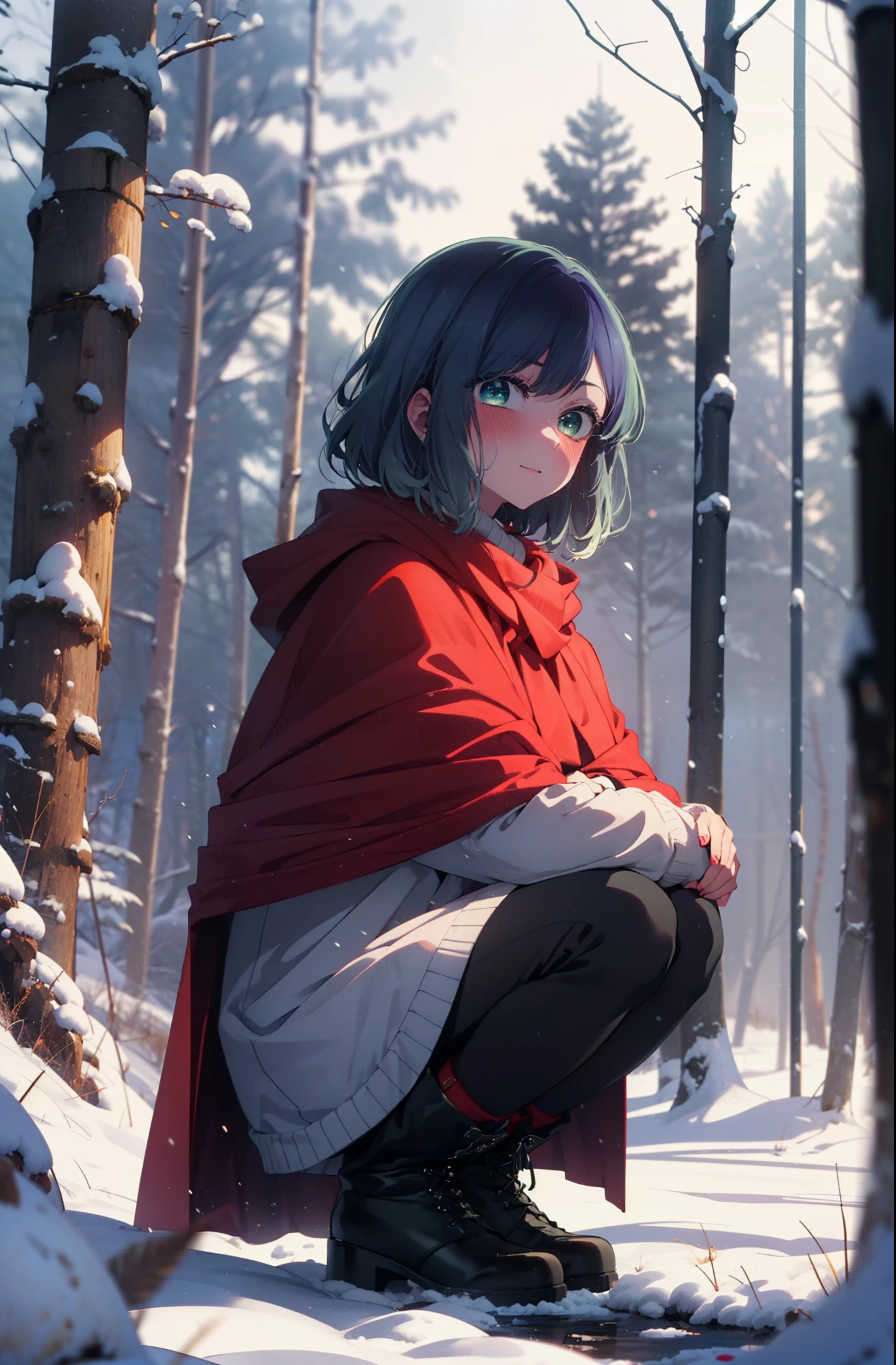 akanekurokawa, akane kurokawa, bangs, (Green Eyes:1.3), Blue Hair, Medium Hair, dark Blue Hair,smile,blush,White Breath,
Open your mouth,snow,Ground bonfire, Outdoor, boots, snowing, From the side, wood, suitcase, Cape, Blurred, , forest, White handbag, nature,  Squat, Mouth closed, Cape, winter, Written boundary depth, Black shoes, red Cape break looking at viewer, Upper Body, whole body, break Outdoor, forest, nature, break (masterpiece:1.2), highest quality, High resolution, unity 8k wallpaper, (shape:0.8), (Beautiful and beautiful eyes:1.6), Highly detailed face, Perfect lighting, Highly detailed CG, (Perfect hands, Perfect Anatomy),