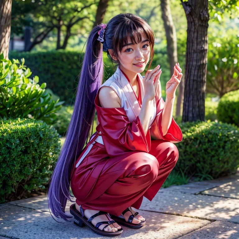 ultra-detailed, Beautiful body, Beautiful Nose, Beautiful character design, perfect eyes, perfect face, ultra highres, 16K, beautiful legs, perfect legs, Nice hands, Perfect hands, Masterpiece, Best Quality, Highly detailed, illustration, absurdres, perfect ???????, expression of joy, glowing eyes, looking at viewer, mystic aura, female priestess, full body, goddess-like, happy trance, perfect female body, smile, japanese clothes, miko, detached sleeves, hakama, hakama skirt, red hakama, ribbon-trimmed sleeves, zori sandals, joyful eyes, horns, 1girl, hair ornaments, purple hair, long hair, purple eyes, (((pixel-perfect, detail-perfect))), solo, Hanyuu, higurashi when they cry, umineko when they cry, medium sized natural breasts, (((repair hands)))