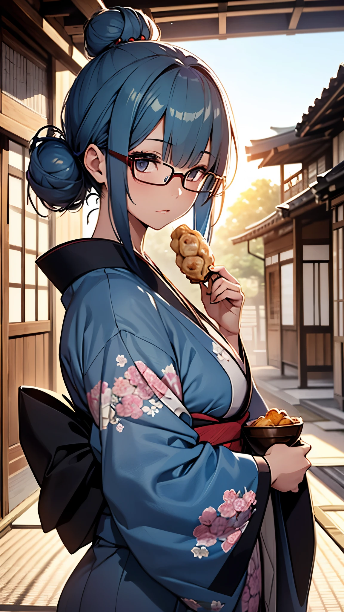 (1girl:1.3), Masterpiece, Best quality, amazing beauty, [[3D]], 4K, absurdres, finely detail, super detailed eye, perfect anatomy, official art, cinematic lighting, A Japanese woman in a kimono, bun hair, blue haired girl, seiza, morning sun, from front, Eating dumplings. Glasses, glasses, attractive pattern