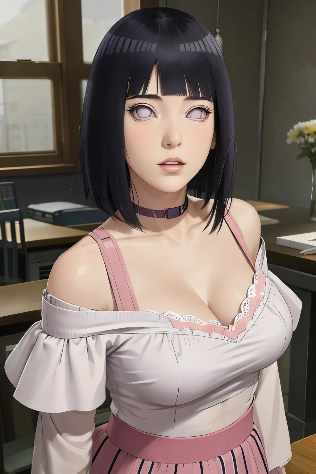 masterpiece, absurdres, hinata\(boruto\), 1girl, solo,mature female, off-shoulder strap bra, high waist short skirt, looking at viewer, perfect composition, detailed lips, big breast, beautiful face, body propotion, blush, (pink lips), long hair, purple eyes, soft gaze, super realistic, detailed, photoshoot, realistic face and body,