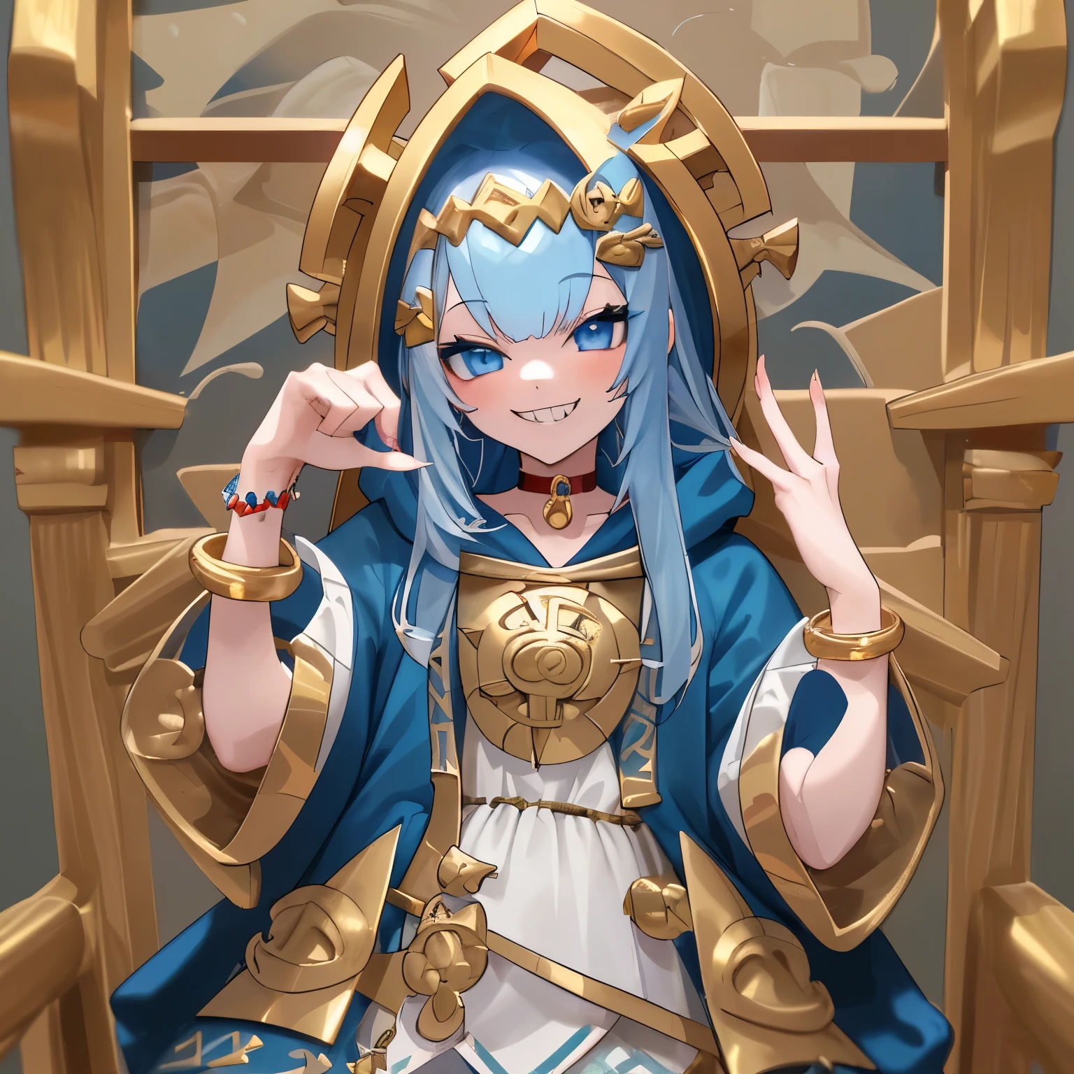 (masterpiece, highest quality), Intricate details,, One girl, mouth, Multicolored Hair, blue eyes, Shark hair accessory, Gold hair ornament, gold choker, Gold bracelet, Sharp teeth, Grin, Blue hoodie,, Greek clothing, Peplos,