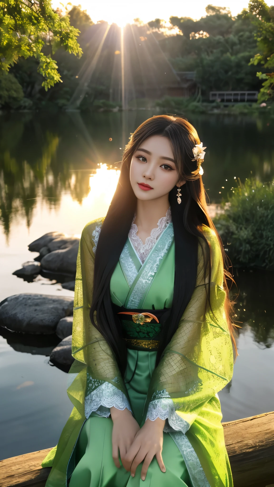 8K, UHD, masterpeiece,best quality, 1 girl, detailed face, detailed eyes, very long hair, long straight hair, small breasts, very detailed dress, kimono costume, green costume, ((mesh lace)), sardine, flowing sardine, jwellery, earring, ornaments, flower, evening, lake, water, sunset, depth of field, glowing light, god rays, reflection light, bloom, looking at viewer, sitting,