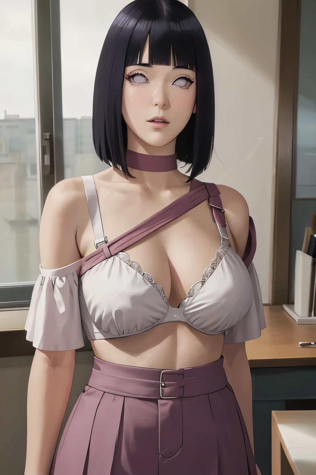 masterpiece, absurdres, hinata\(boruto\), 1girl, solo,mature female, off-shoulder strap bra, high waist short skirt, looking at viewer, perfect composition, detailed lips, big breast, beautiful face, body propotion, blush, (pink lips), long hair,  purple eyes,  soft gaze,  super realistic, detailed, photoshoot, realistic face and body,