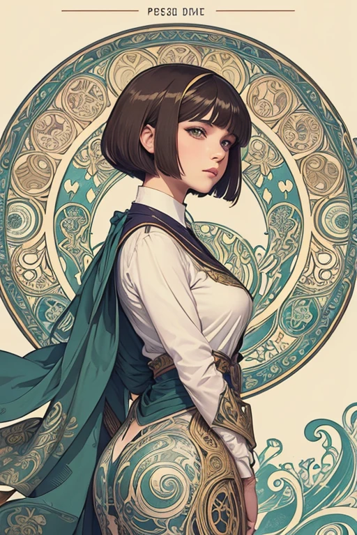 Art nouveau, Alphonse Mucha style,ink art, pen and ink, (Best Quality,masutepiece:1.2), 1 beautiful girl, side view, Profile, school_uniform, bronde_bob_cut_hair, bangs, Very_beautiful_face, very_beautiful_eyes, even_eyes