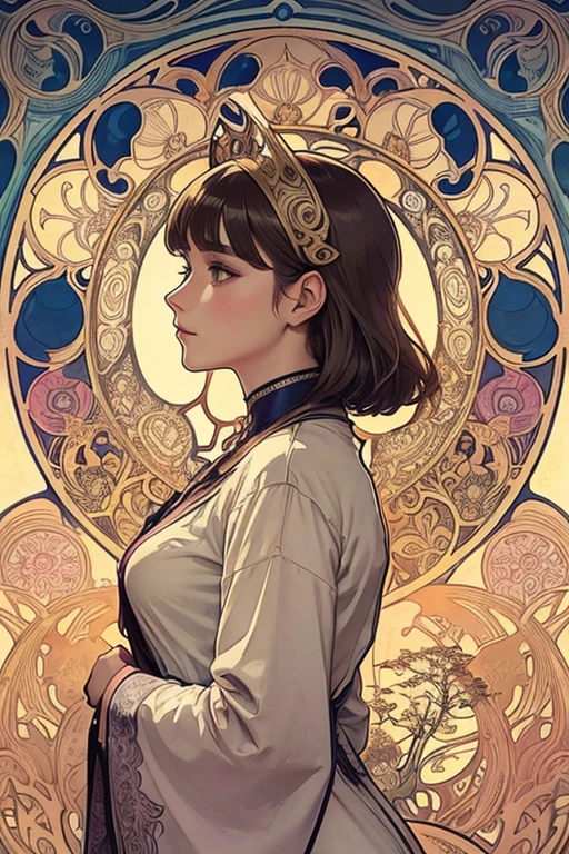 Art nouveau, Alphonse Mucha style,ink art, pen and ink, (Best Quality,masutepiece:1.2), 1 beautiful girl, side view, Profile, school_uniform, bronde_bob_cut_hair, bangs, Very_beautiful_face, very_beautiful_eyes, even_eyes