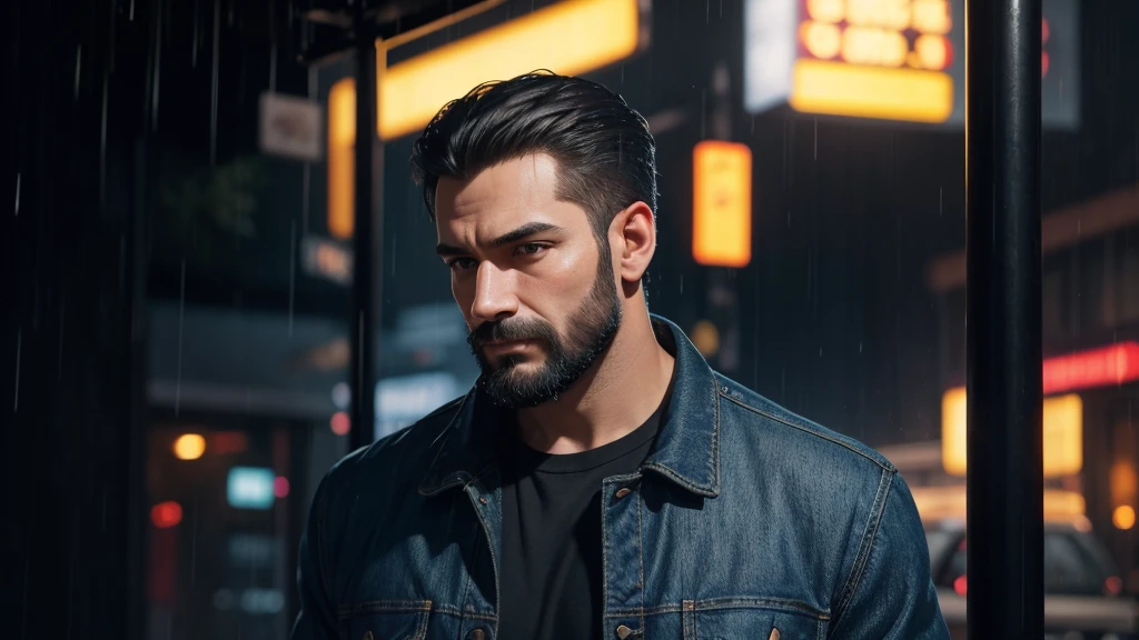 a man with a thin beard, short hair combed back, standing at a bus stop, wearing a basic black shirt, jeans, it is raining, he is using a rain guard, 4k, 8k, highres, masterpiece:1.2, ultra-detailed, realistic, photorealistic, photo-realistic:1.37, HDR, UHD, studio lighting, ultra-fine painting, sharp focus, physically-based rendering, extreme detail description, professional, vivid colors, bokeh, portrait, photography