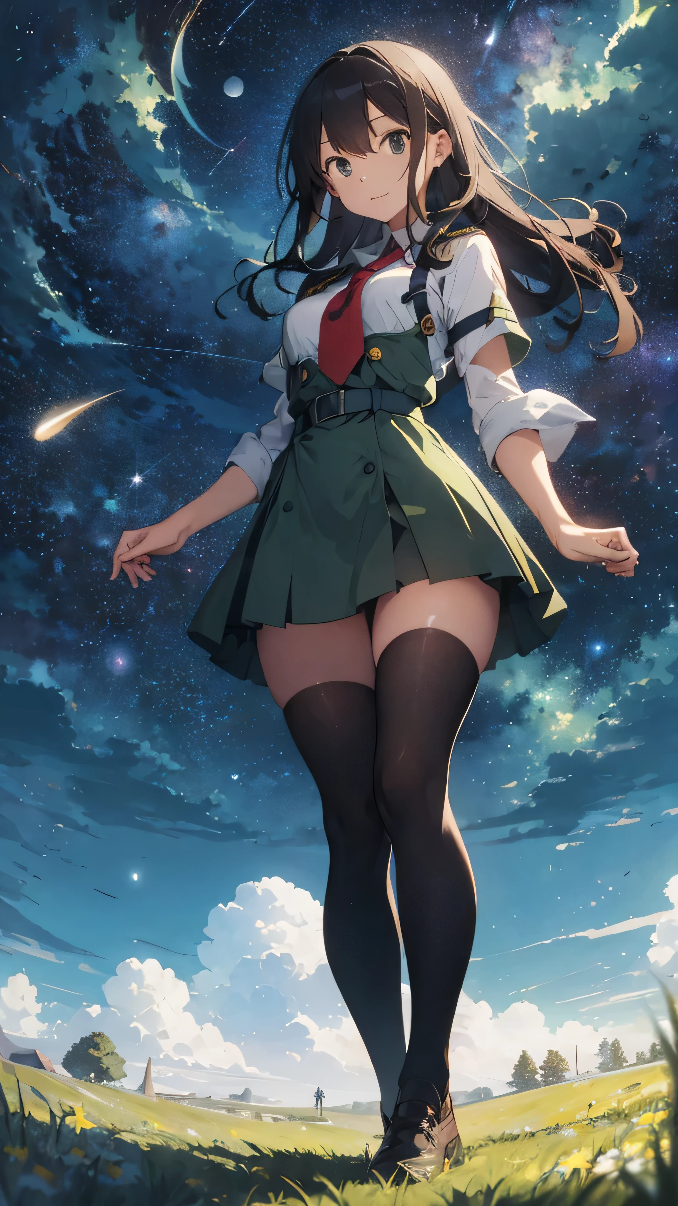 I need a girl in uniform with same art style and is extremely beautiful standing in a green meadow where all the stars, moon and other celestial objects are visible and are endlessly vast.