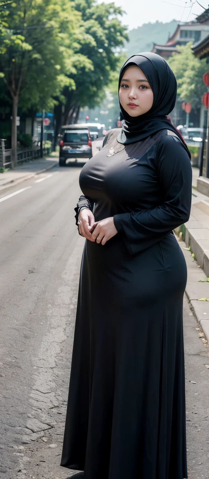 (Best quality,8k,ultra high res:1.2),(Pretty chinese-Indonesian girl),(Huge breasts:0.8),(long dress), (thick thighs:0.9), (obese body), (modern plain hijab ), (sfw), (40-year-old ), (SFW)