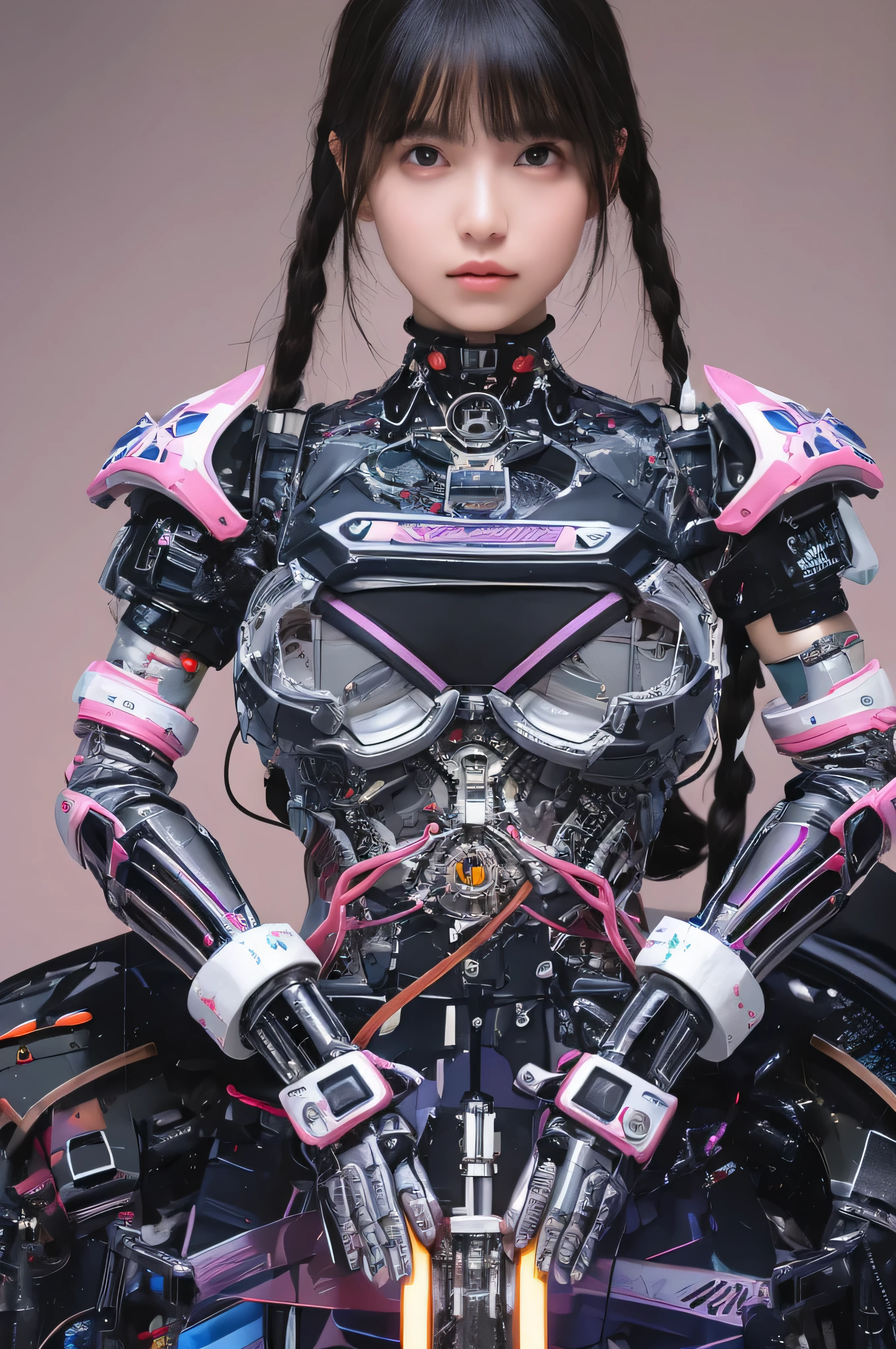highest quality, masterpiece, Ultra-high resolution, (Realistic: 1.4), RAW Photos, 1 girl, Black Hair, Shiny skin, 1 Mechanical Girl, (Ultra-Realistic Details)), Portraiture, Global Illumination, Shadow, Octane Rendering, 8k, Ultra Sharp, big, Bare skin exposed from cleavage, Metal, Exquisite decorative details, More about Japan, Very intricate details, Realistic Light, CGSoation Trend, Purple eyes, Glowing Eyes, To the camera, Neon Details, Mechanical Limbs, Blood vessels connected to tubes, Mechanical vertebrae attached to the back, Mechanical cervical attachment to the neck, Sitting, Wires and cables connected to the head, Gundam, Small LED Lamp,