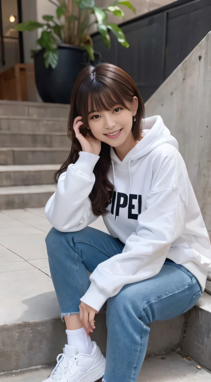 highest quality, Realistic, Very detailed, Finer details, High resolution, 8k wallpaper, One beautiful woman,Sit on the stairs、(Wear black socks)smile、(Beautiful teeth alignment、)(Gums are visible) Oversized hoodie, Skinny jeans,( Black sneakers)、Black Hair、 Beautiful Bangs、ear piercing、Perfect dynamic composition, Beautiful and detailed, Full Body Shot, A big smile brown hair