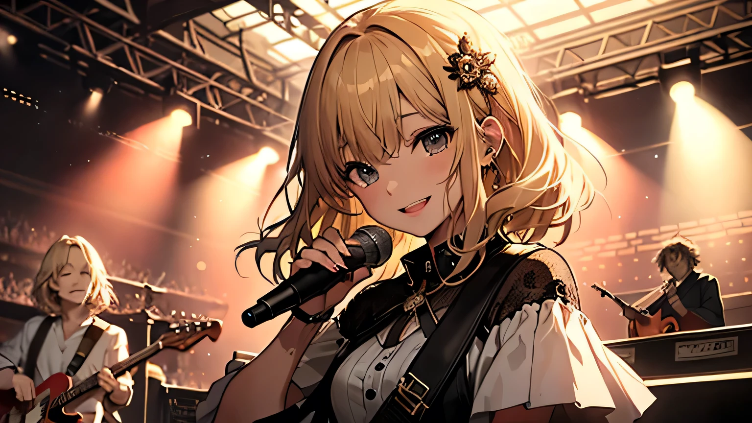 ((highest quality)), ((masterpiece)), (detailed), Perfect Face、live house、vocal、Mike stand、blonde、Smooth Hair、shout、Cowboy Shot、rock band、smile、