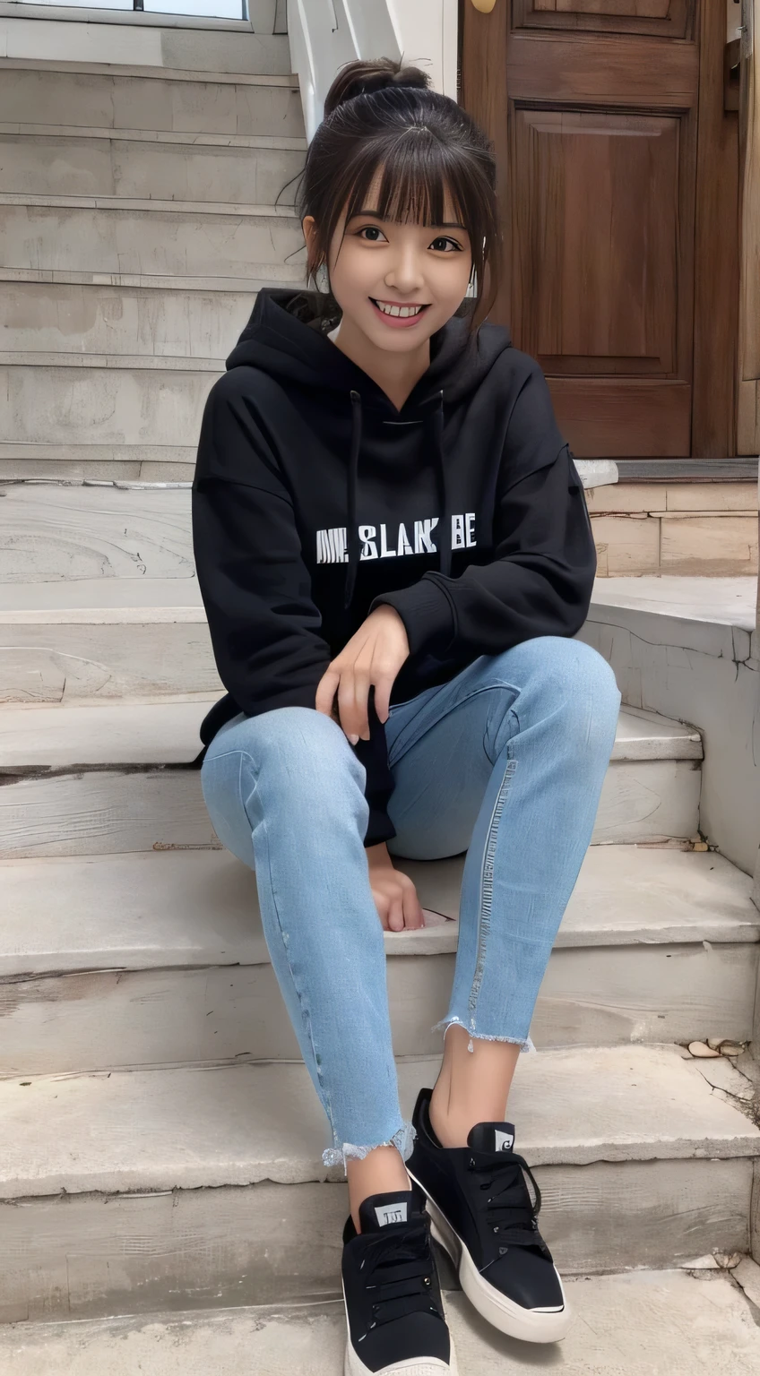 highest quality, Realistic, Very detailed, Finer details, High resolution, 8k wallpaper, One beautiful woman,Sit on the stairs、(Wear black socks)smile、(Beautiful teeth alignment、)(Gums are visible) Oversized hoodie, Skinny jeans,( Black sneakers)、Black Hair、 Beautiful Bangs、ear piercing、Perfect dynamic composition, Beautiful and detailed, Full Body Shot, A big smile brown hair