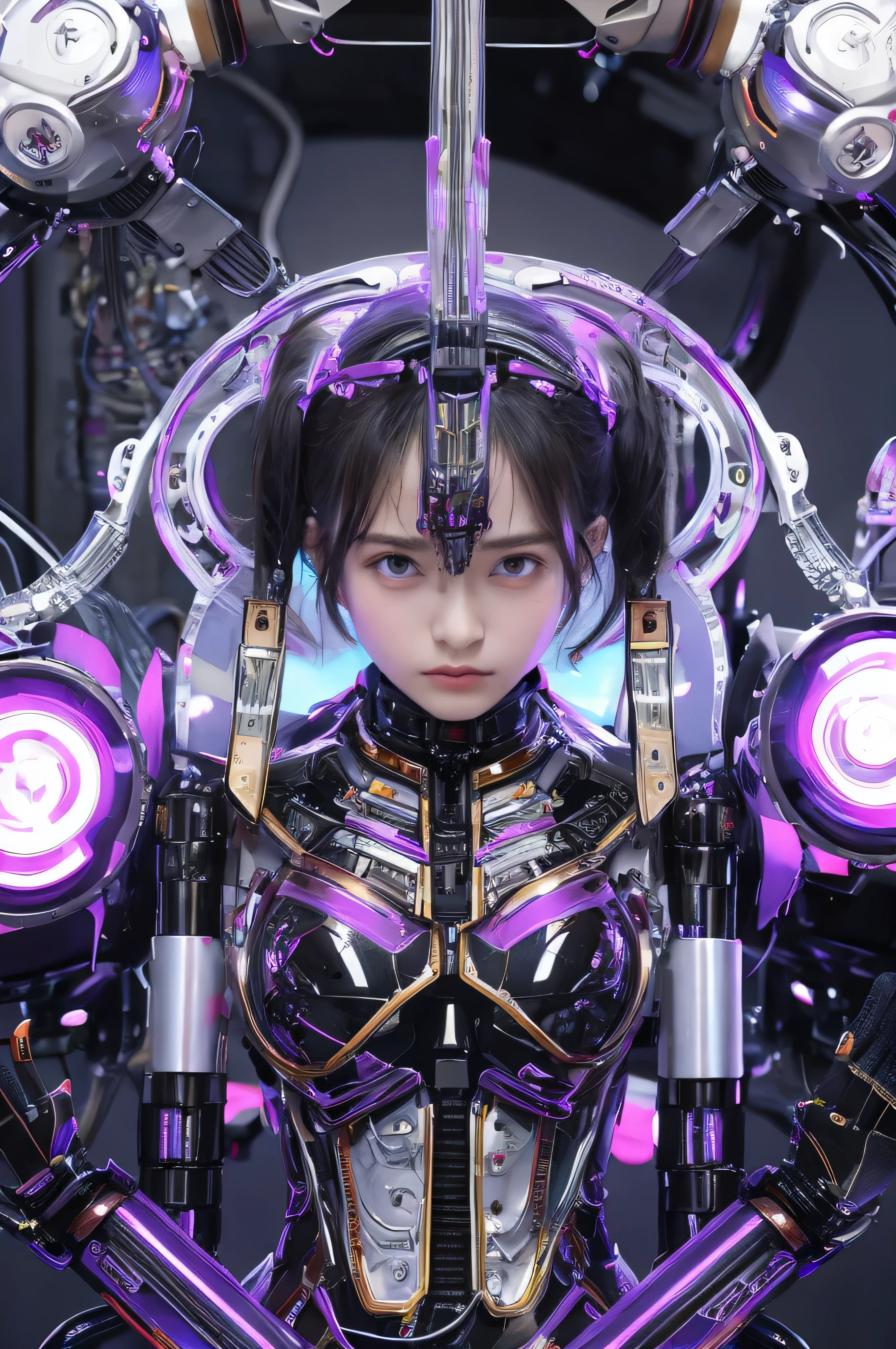 highest quality, masterpiece, Ultra-high resolution, (Realistic: 1.4), RAW Photos, 1 girl, Black Hair, Shiny skin, 1 Mechanical Girl, (Ultra-Realistic Details)), Portraiture, Global Illumination, Shadow, Octane Rendering, 8k, Ultra Sharp, big, Bare skin exposed from cleavage, Metal, Exquisite decorative details, More about Japan, Very intricate details, Realistic Light, CGSoation Trend, Purple eyes, Glowing Eyes, To the camera, Neon Details, Mechanical Limbs, Blood vessels connected to tubes, Mechanical vertebrae attached to the back, Mechanical cervical attachment to the neck, Sitting, Wires and cables connected to the head, Gundam, Small LED Lamp,