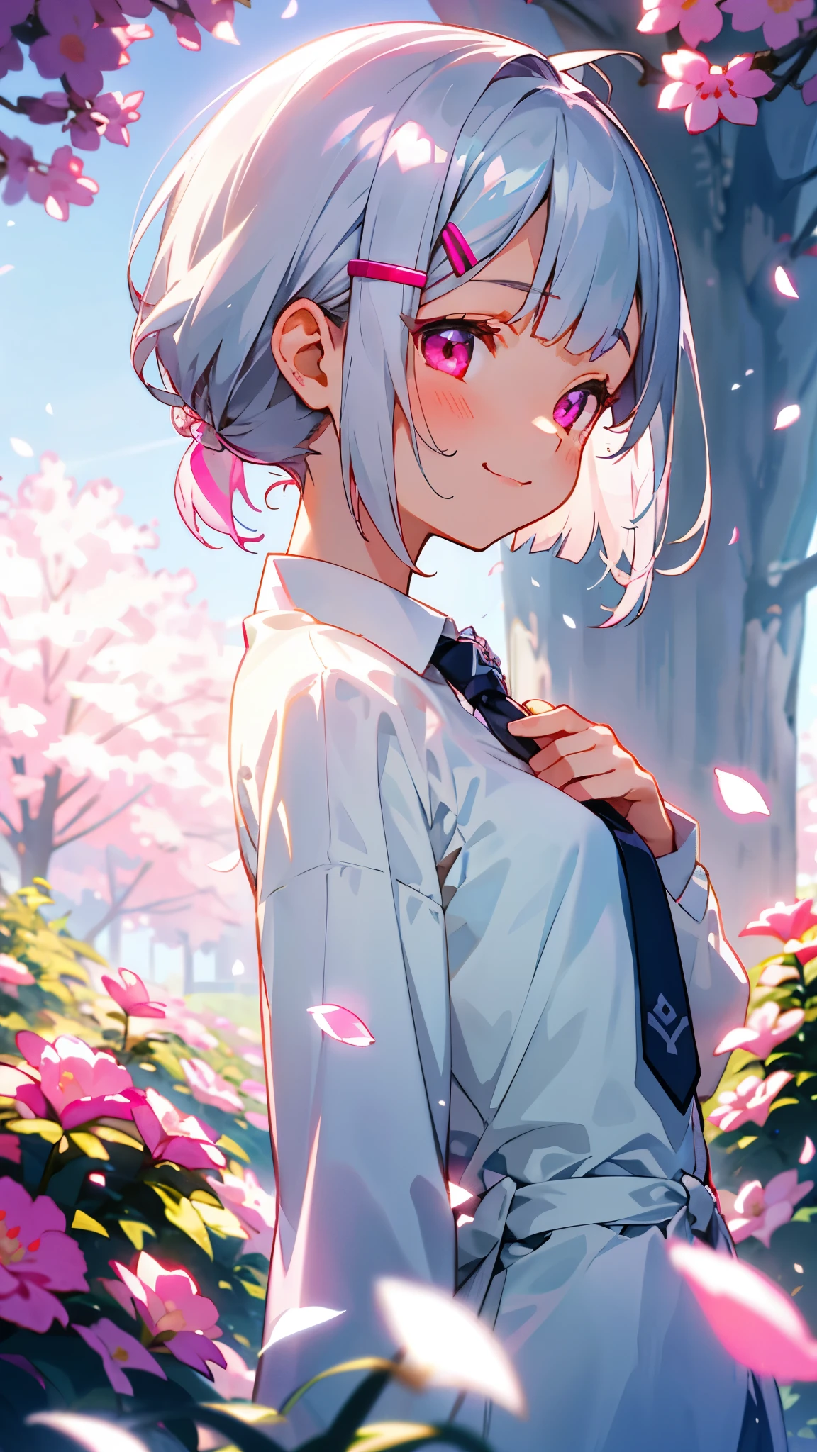 1 girl、Small breasts、Silver hair and short bob hairstyle、Tie your hair up with a hair clip、Glowing pink round eyes、From the side、Wicked Smile、1 beautiful delicate portrait of a girl with a soft and peaceful expression、The background is a garden with petals falling..。