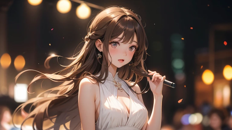 girl,Brown Hair, Long curly hair style, about 50cm long,Wearing a sleeveless white dress with a low neckline, Upper Body, (Open your mouth:1.1), (Eyes Wide Open:1.2), Bokeh, Depth of written boundary, Blurred Background, Party Venue,