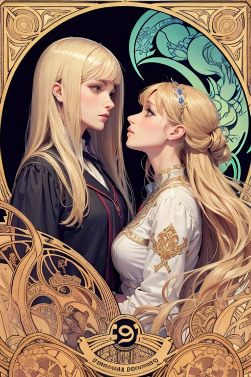Art nouveau, Alphonse Mucha style,ink art, pen and ink, (Best Quality,masutepiece:1.2), 1 beautiful girl, side view, Profile, school_uniform, blonde_long_hair, bangs, Very_beautiful_face, very_beautiful_eyes, even_eyes