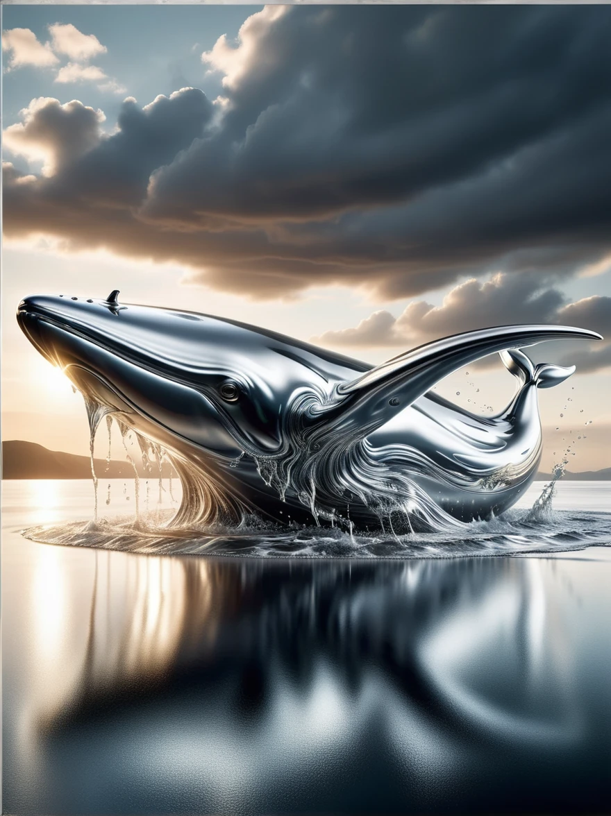 (A vast ocean of liquid metal:1.5)，(A giant white whale made of liquid metal)，Graceful cruising and singing，Liquid metal skin, Metal smelting，Liquid dripping