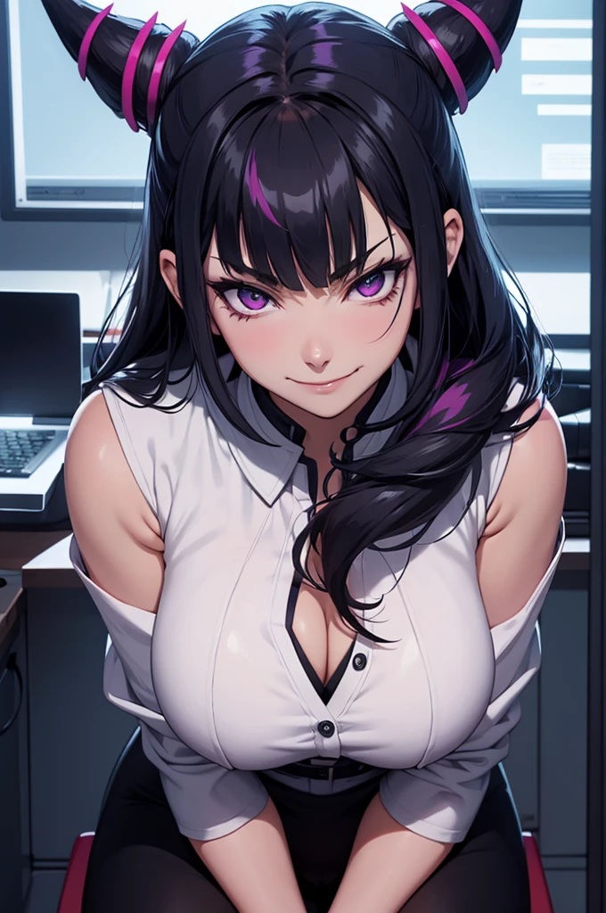 evil smile,juri han, evil smile, office, bangs in the eyes, lighting, hair horn, vision of up, looking up, smile, sitting on an office chair, legs crossed,corpo detalhado,belo corpo,imagem detalhada,An office with blue lights, professional, elegant, anime style

