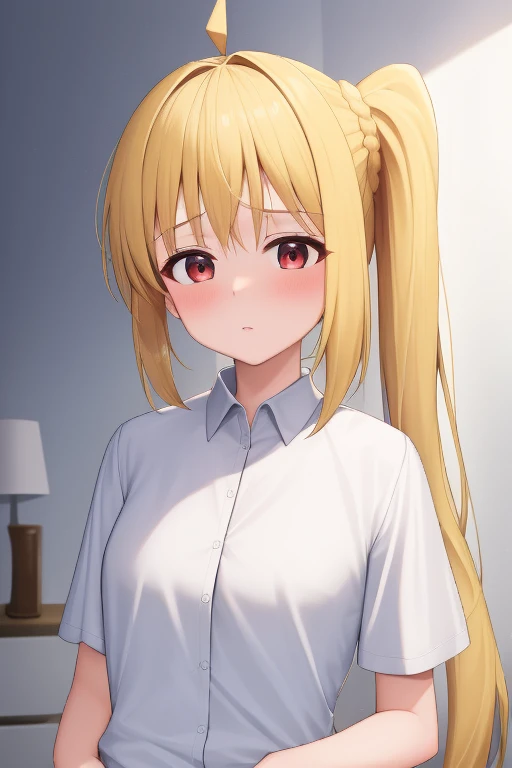 (masterpiece, highest quality:1.2), A girl with blonde hair and red eyes wearing a white shirt, Side Ponytail, Full Bang, Looks confused, at home,
Super detaileded, highest quality, Expressive eyes, Perfect Face, super high quality, Super detailed,nsfw,undressing