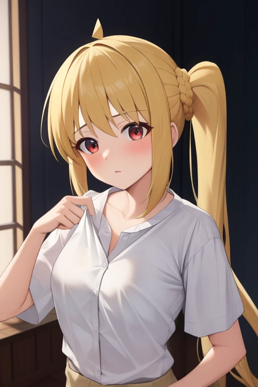 (masterpiece, highest quality:1.2), A girl with blonde hair and red eyes wearing a white shirt, Side Ponytail, Full Bang, Looks confused, at home,
Super detaileded, highest quality, Expressive eyes, Perfect Face, super high quality, Super detailed,nsfw,undressing