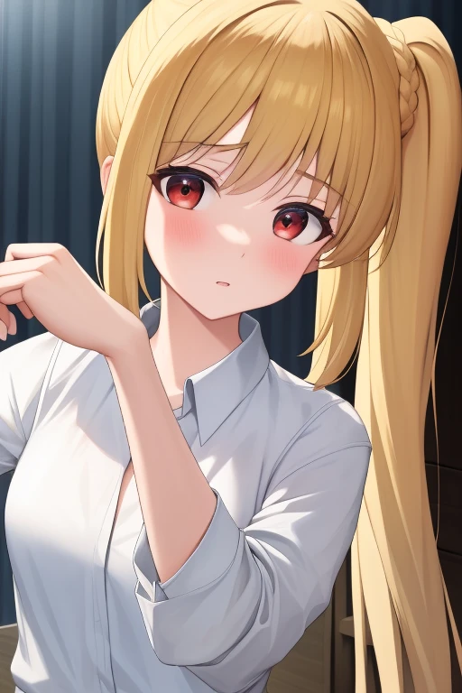 (masterpiece, highest quality:1.2), A girl with blonde hair and red eyes wearing a white shirt, Side Ponytail, Full Bang, Looks confused, at home, 
Super detaileded, highest quality, Expressive eyes, Perfect Face, super high quality, Super detailed,nsfw,undressing