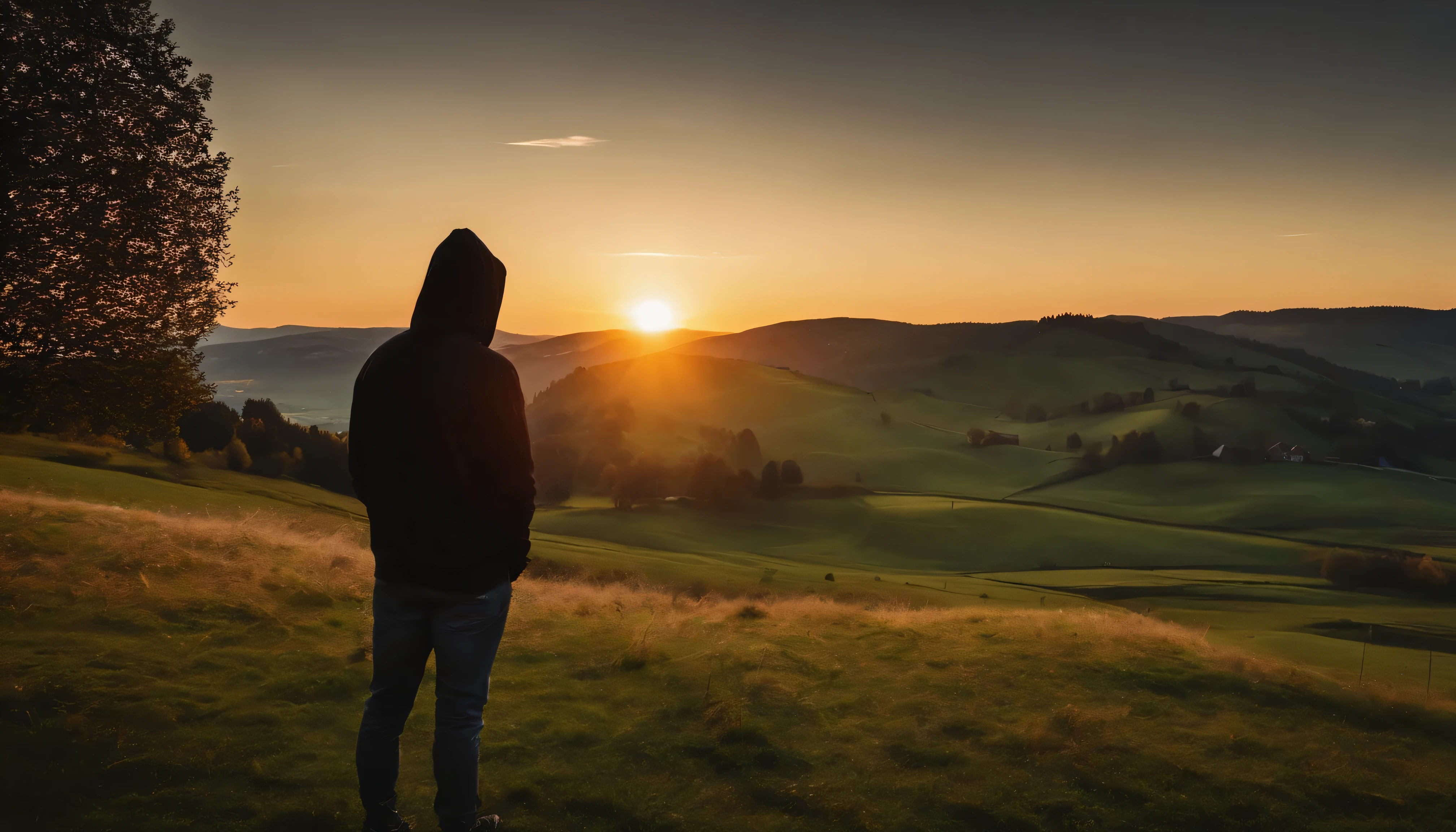 people looking at sunset, 1 man, Black hoodie, meadow, Swiss village