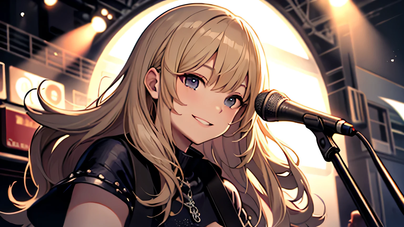((highest quality)), ((masterpiece)), (detailed), Perfect Face、live house、vocal、Mike stand、blonde、Smooth Hair、shout、Cowboy Shot、rock band、smile、