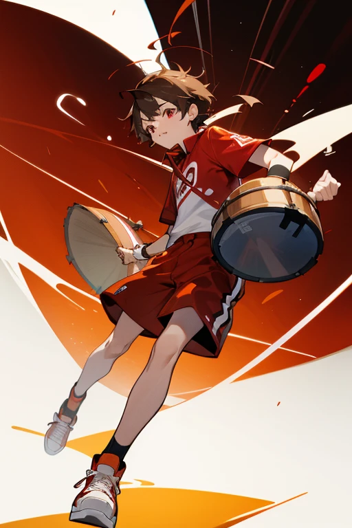 12 year old boy, brown hair, red eyes, full body, chipmunk cap, red v shirt, khaki shorts, yellow wristbands, red sneakers, drumsticks, drum, music class, heartbeat rhythm,