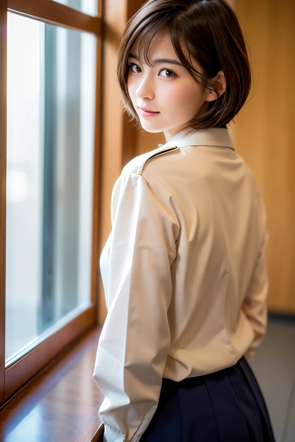 highest quality, Face Focus, Soft Light, Ultra-high resolution, (Realistic:1.4), RAW Photos, 1 Japanese girl, alone, cute, (A shy smile:0.5),Back view, (Brown eyes, Light in your eyes), Beautiful face in every detail, (Small box),(High resolution detail of human skin texture), (Short Bob Hair), break, In the classroom,Navy uniform, Best, skirt