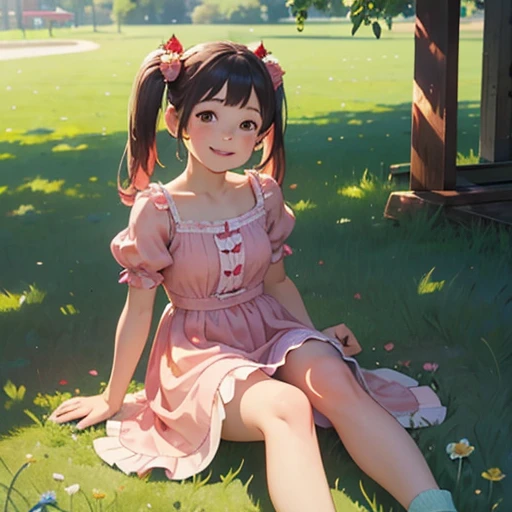 (Realistic:1.37)、Octane Rendering、Morning Park、Strawberry Dresses、Smiling girl with twin tails、Strawberries falling from the sky、Bright colors、Soft sunlight、beautiful flower、Green Grass、A playful atmosphere、Peaceful environment、Detailed Texture、Bright colors、Cute shoes with accessories、He looks happy