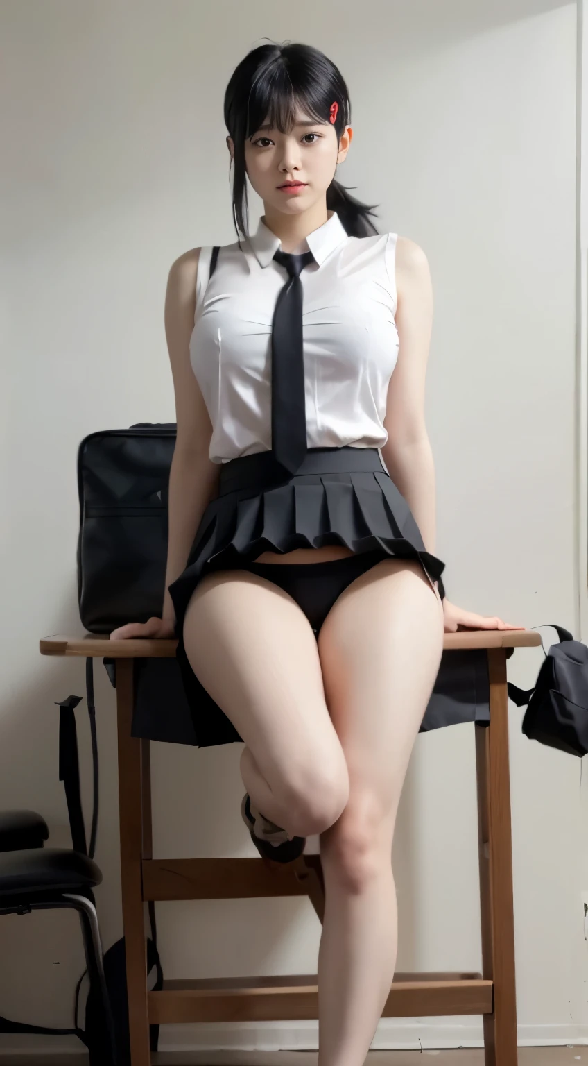 Highest quality、Ultra-high resolution、Professional Lighting、Detailed Background、In the classroom、full body,Kobeni-chan、A sloppy smile、25-year-old woman、beautiful girl、(Kobeni-chan、Jet black hair, Black Hair, bangs, One-sided hair,)、(Red Hair Clip:1.1)、(White sleeveless shirt:1.2)+(Black tie:1.2)+(Grey pleated skirt:1.2)、Black tights、(Huge breasts that look like they might burst:1.2)、(Big thighs:1.1)、Troubled face、Confused Eyes、Sitting on a desk、(Open your crotch to show your underwear:1.5)、(A woman spreading her legs to show her shorts)、Facing forward、