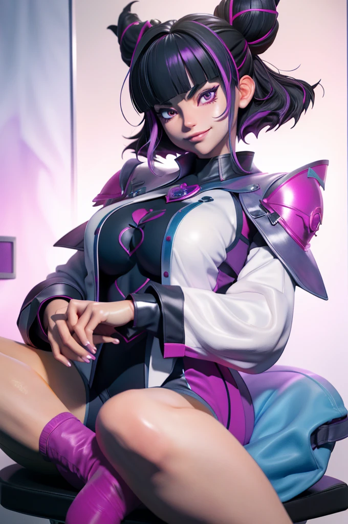 evil smile,juri han, evil smile, office, bangs in the eyes, lighting, hair horn, vision of up, looking up, smile, sitting on an office chair, legs crossed,corpo detalhado,belo corpo,imagem detalhada,An office with blue lights, professional, elegant, anime style