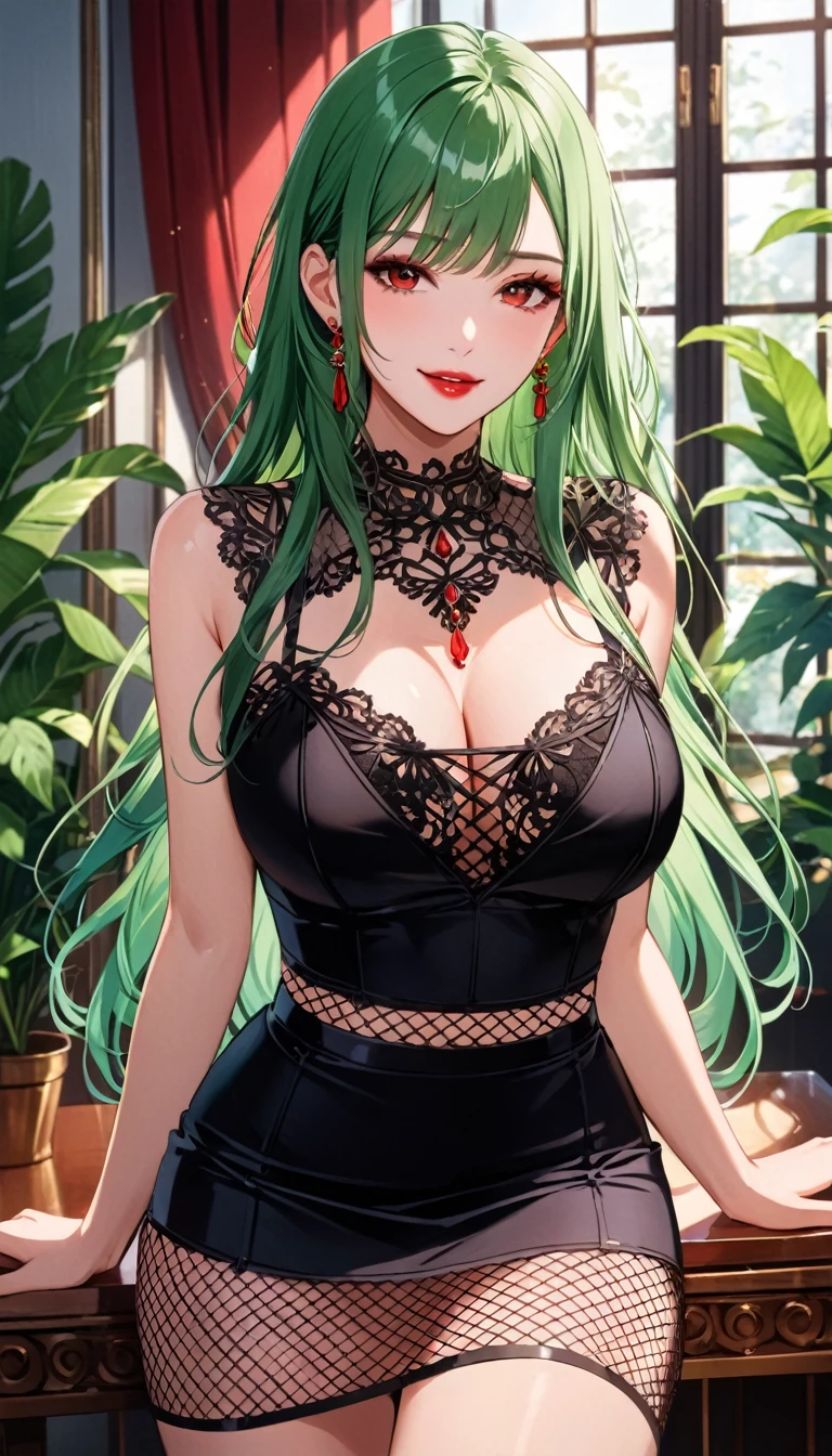 best quality,masterpiece, an extremely delicate and beautiful, CG,extremely detailed ,highres, extremely detailed,depth of field, 1girl,beautiful detailed girl,(green_hair), long_hair, beautiful detailed red eyes,(makeup:1.2),Red lips,light on face,(seductive smile:1.2),big breasts,(thigh),(grid top, Mesh skirt,grid skirt:1.2),Lace,grid,idol,indoor, Plant decorations,(cowboy shot:1.5)