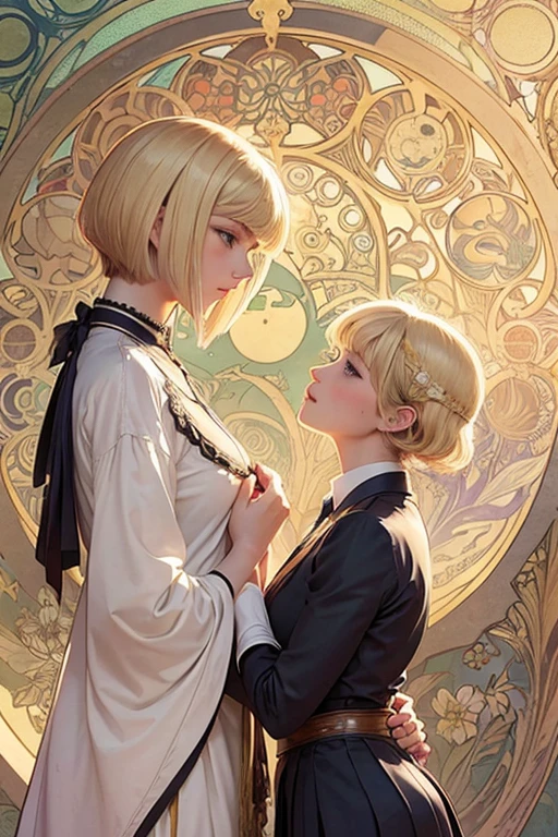 Art nouveau, Alphonse Mucha style,ink art, pen and ink, (Best Quality,masutepiece:1.2), 1 beautiful girl, side view, Profile, school_uniform, blonde_bob_cut_hair, bangs, Very_beautiful_face, very_beautiful_eyes, even_eyes
