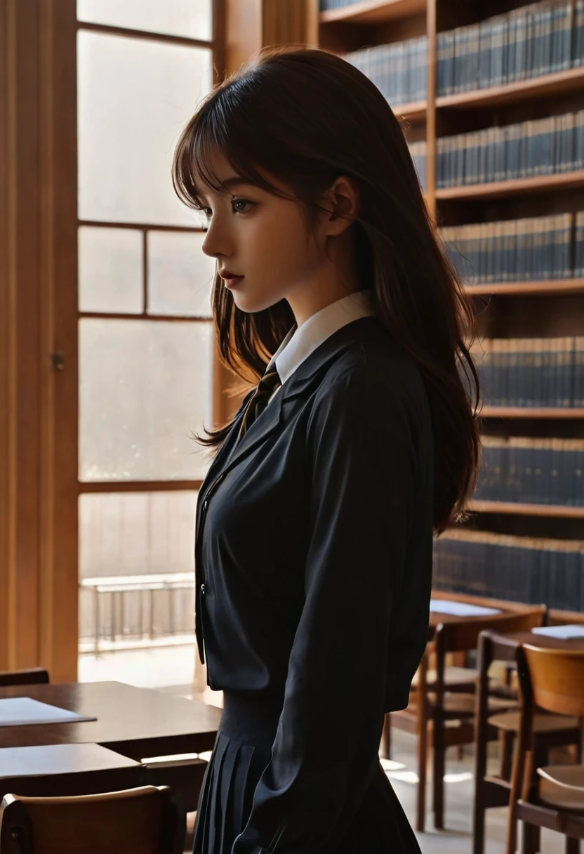 library, silhouette, cheveux lisse noire, dolescente, uniforme scolaire, de dos, mathematical numbers, regard marrons vide, prestigious school, elite students, solitude.