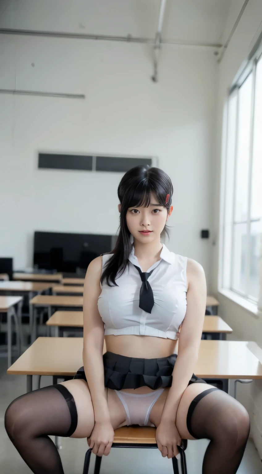 Highest quality、Ultra-high resolution、Professional Lighting、Detailed Background、In the classroom、full body,Kobeni-chan、A sloppy smile、25-year-old woman、beautiful girl、(Kobeni-chan、Jet black hair, Black Hair, bangs, One-sided hair,)、(Red Hair Clip:1.1)、(White sleeveless shirt:1.2)+(Black tie:1.2)+(Grey pleated skirt:1.2)、Black tights、(Huge breasts that look like they might burst:1.2)、(Big thighs:1.1)、Troubled face、Confused Eyes、Sitting on a desk、(Open your crotch to show your underwear:1.5)、(A woman spreading her legs to show her shorts)、Facing forward、