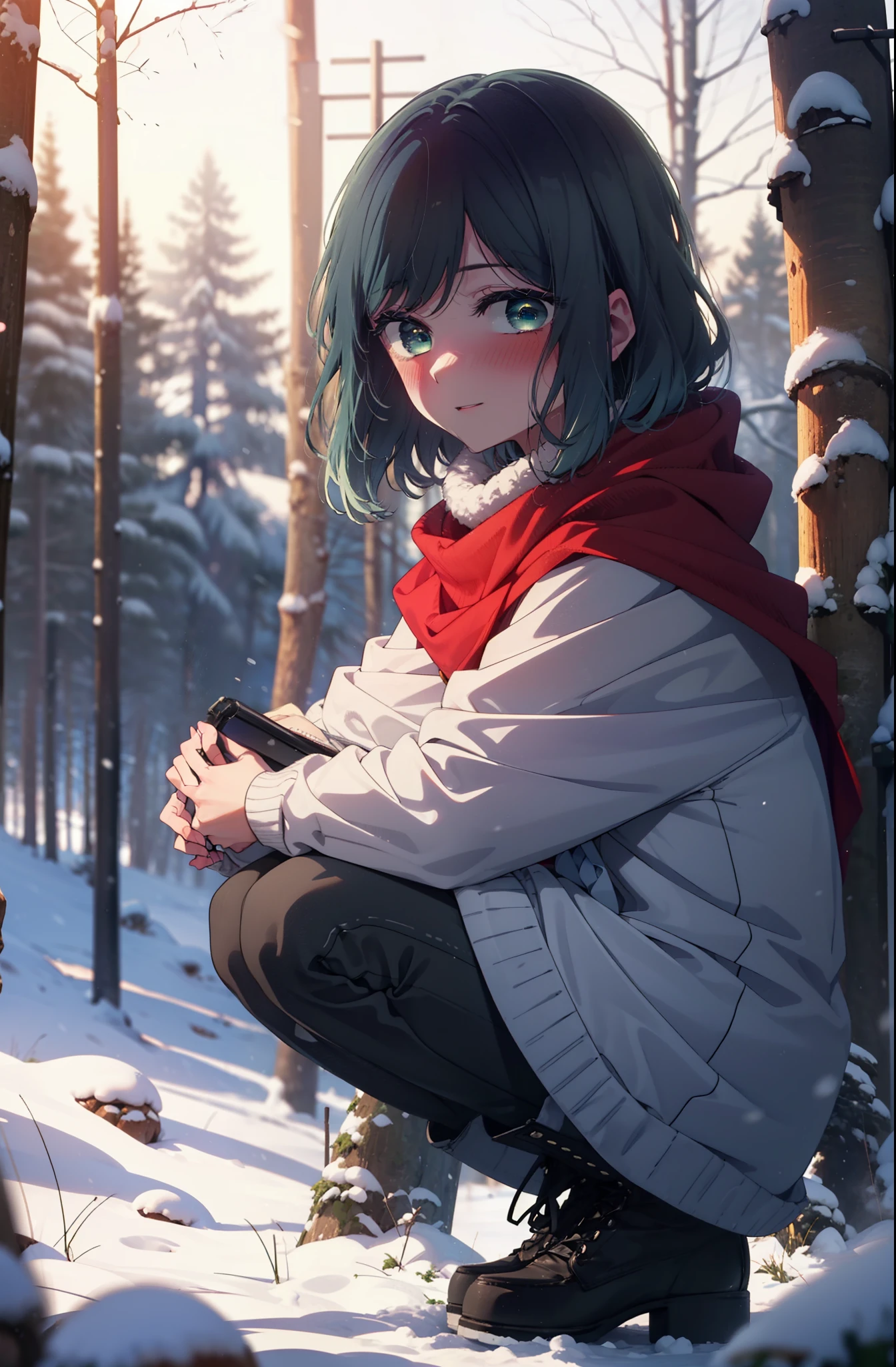akanekurokawa, akane kurokawa, bangs, (Green Eyes:1.3), Blue Hair, Medium Hair, dark Blue Hair,smile,blush,White Breath,
Open your mouth,snow,Ground bonfire, Outdoor, boots, snowing, From the side, wood, suitcase, Cape, Blurred, , forest, White handbag, nature, Squat, Mouth closed, Cape, winter, Written boundary depth, Black shoes, red Cape break looking at viewer, Upper Body, whole body, break Outdoor, forest, nature, break (masterpiece:1.2), highest quality, High resolution, unity 8k wallpaper, (shape:0.8), (Beautiful and beautiful eyes:1.6), Highly detailed face, Perfect lighting, Highly detailed CG, (Perfect hands, Perfect Anatomy),