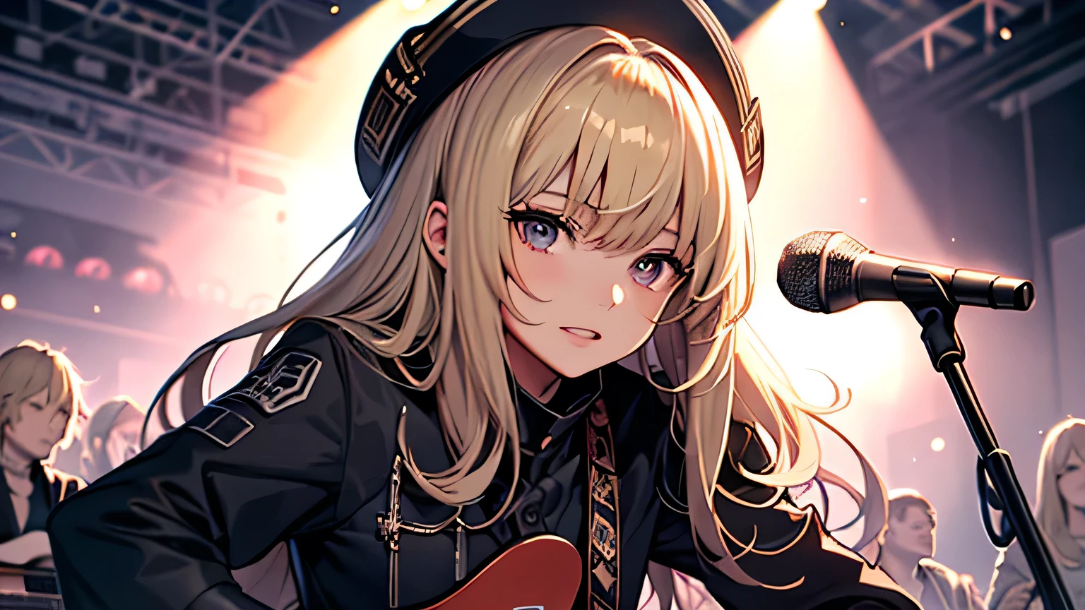 ((highest quality)), ((masterpiece)), (detailed), Perfect Face、live house、vocal、Mike stand、blonde、Smooth Hair、shout、Cowboy Shot、Heavy Metal Band、