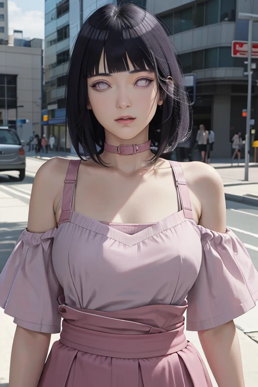 masterpiece, absurdres, hinata\(boruto\), 1girl, solo,mature female, off-shoulder strap bra, high waist short skirt, looking at viewer, perfect composition, detailed lips, big breast, beautiful face, body propotion, blush, (pink lips), long hair, purple eyes, soft gaze, super realistic, detailed, photoshoot, realistic face and body,