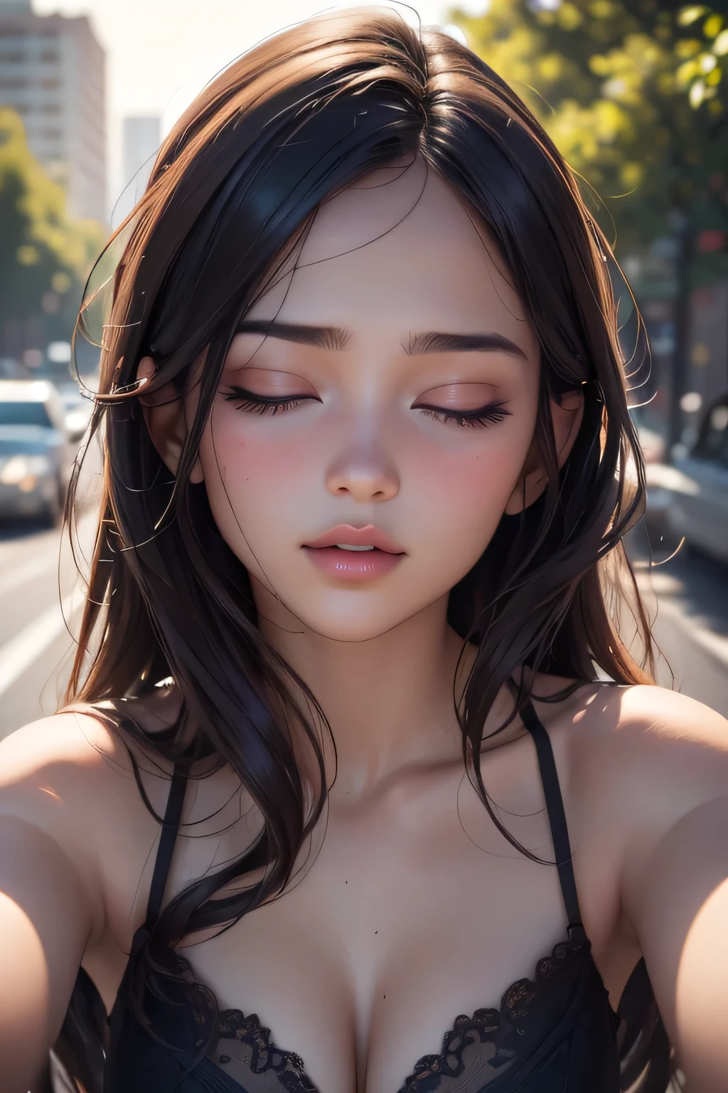A sexy woman with seductive eyes, showing a hint of cleavage, bending forward through a car window, captured in the enchanting night time with raindrops gently falling. The artwork is an exquisite oil painting featuring vivid colors and ultra-detailed brushstrokes. (best quality,4k,8k,highres,masterpiece:1.2),ultra-detailed,(realistic,photorealistic,photo-realistic:1.37) Medium: oil painting, capturing the woman's alluring gaze and captivating presence. The woman's eyes and face are depicted with exceptional attention to detail, emphasizing her alluring gaze, long eyelashes, and beautifully detailed lips. Her captivating stare instantly captures the viewer's attention, while her confident posture exudes allure and sophistication. Her flowing hair cascades down her shoulder, adding a touch of movement to the scene. The raindrops on the car window create a sense of mystery and sensuality, adding an extra layer of intrigue to the composition. The lighting in the painting beautifully enhances the woman's features, highlighting her seductive nature and intensifying the overall allure of the composition. The vibrant colors used in the artwork bring it to life, with rich hues of deep purples and blues contrasting with warm golden tones. The brushstrokes are meticulously applied, giving the painting a textured and tactile quality. The overall atmosphere of the painting is moody and atmospheric, with a dreamlike quality that transports the viewer into this seductive and enchanting night scene.