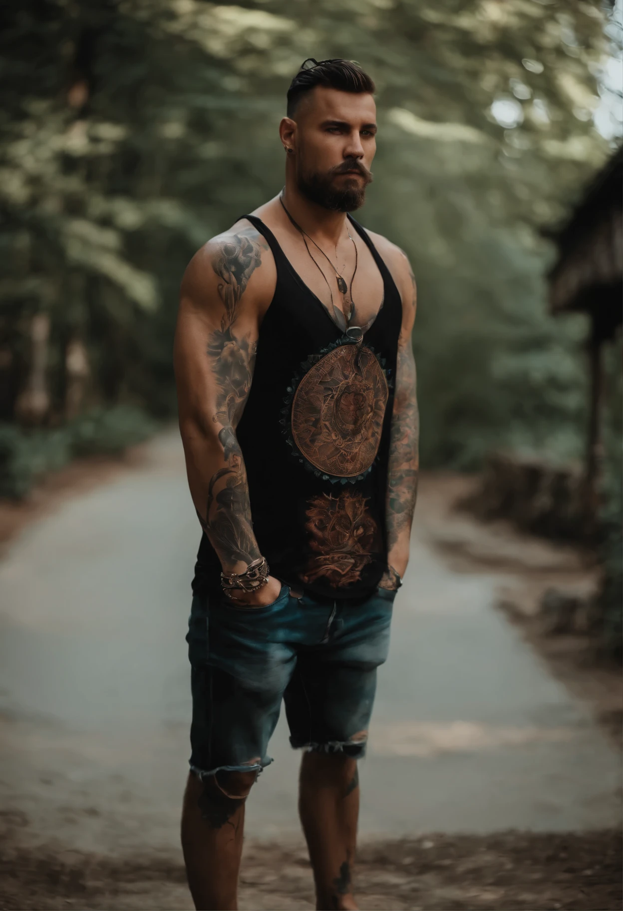 A man takes off a large tank top with tattoos on it.