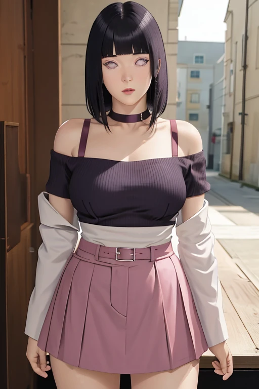 masterpiece, absurdres, hinata\(boruto\), 1girl, solo,mature female, off-shoulder strap bra, high waist short skirt, looking at viewer, perfect composition, detailed lips, big breast, beautiful face, body propotion, blush, (pink lips), long hair, purple eyes, soft gaze, super realistic, detailed, photoshoot, realistic face and body,