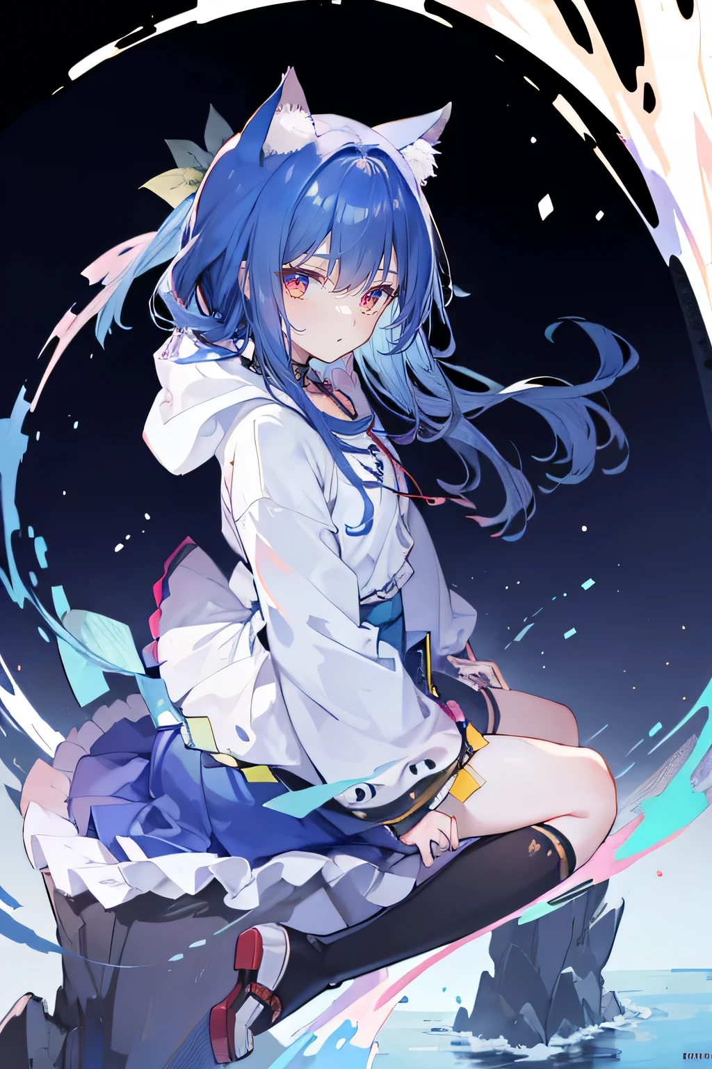 (masterpiece:1.2),Super detailed,lifelike,Expressive eyes,fair skin,perfect face shape,1 girl,
Japanese comics,Gorgeous blue hair,flowing blue hair,flowing clothes,Cat ears,Petals fall,beautiful lola,Baby Angel,
Shaking head with one hand,Cross your legs,Gentle and peaceful background,The pavilion is cool and comfortable,smile, wearing hoodie, background of tokyo,back views,snowing, winter,lie on the water.