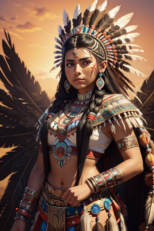 arafed woman in native american costume with feathers and feathers on her head, aztec princess portrait, aztec warrior god, aztec King, aztec empress, karol bak uhd, aztec warrior, : native american shamen fantasy, mayan priestess, aztec fantasy, native Indian, azctec warrior, aztec mythology, native Indian art, aztec hair, stunning digital painting
