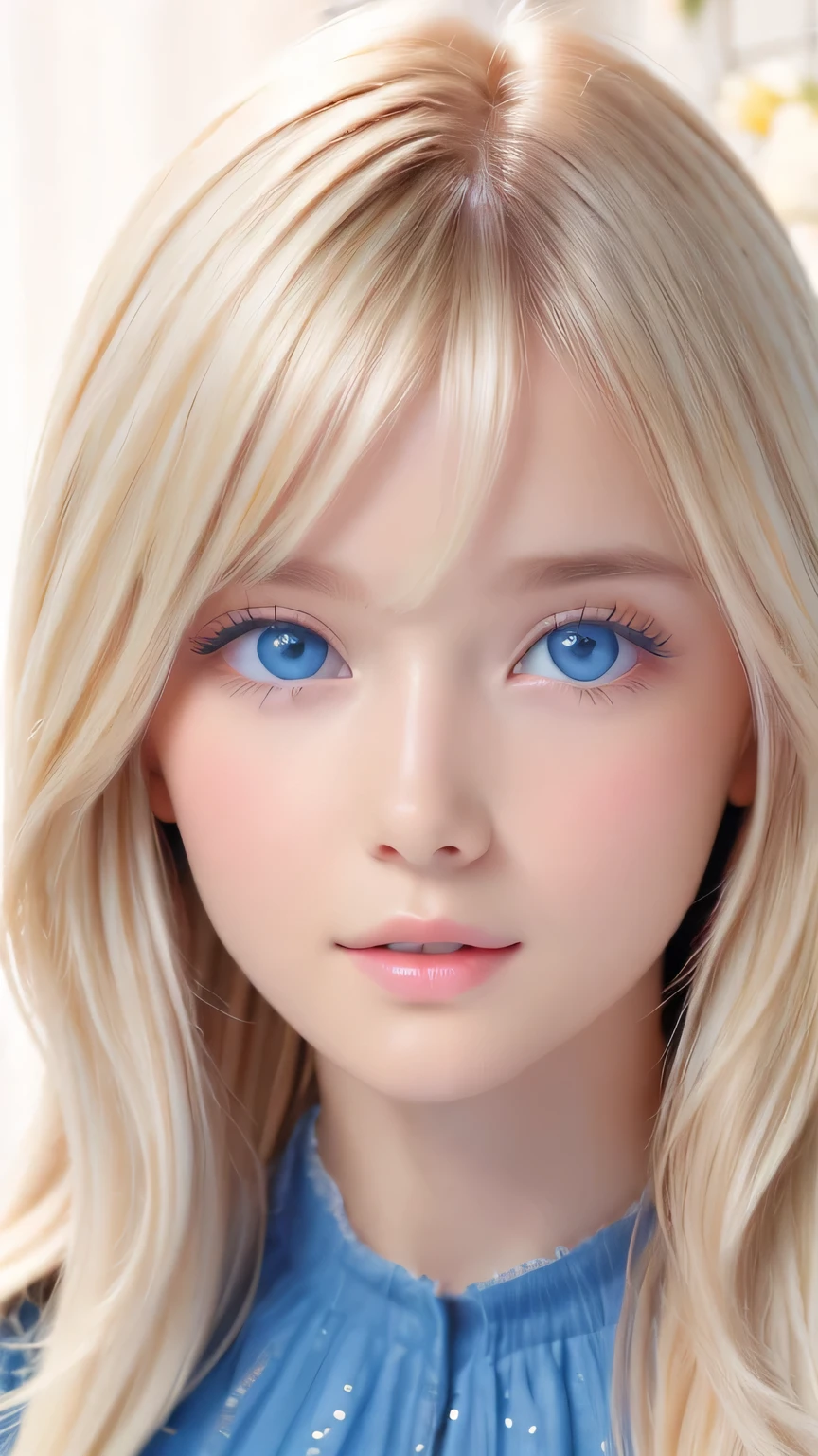 Beautiful white and shining skin、Blonde hair that changes color depending on the light、Bangs between eyes obstruct vision、Shiny highlights on the cheeks、Sexy, very beautiful, lovely, cute, gorgeous face、The most beautiful face in the world、Super long and gorgeous blonde hair、Smooth straight hair、Big Breasts, Very large, Beautiful sparkling bright blue eyes、Beautiful Bangs、Beautiful cute girl.Small Face Beauty、Cheek Gloss Highlighter、Round face