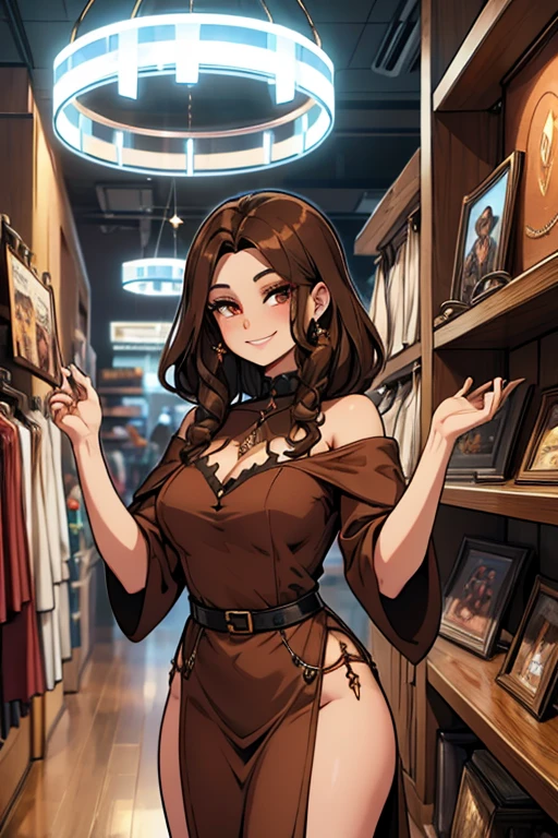 A brown haired female witch with copper eyes and an hourglass figure in fifties dress is smiling in a dress store