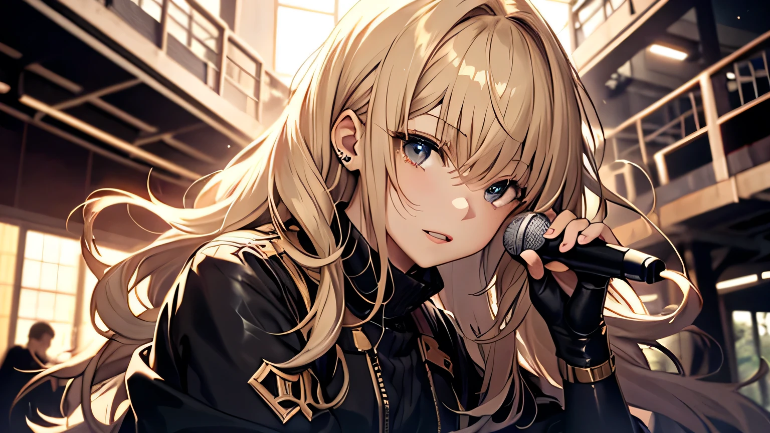((highest quality)), ((masterpiece)), (detailed), Perfect Face、live house、vocal、Mike stand、blonde、Smooth Hair、shout、Cowboy Shot、Heavy Metal Band、