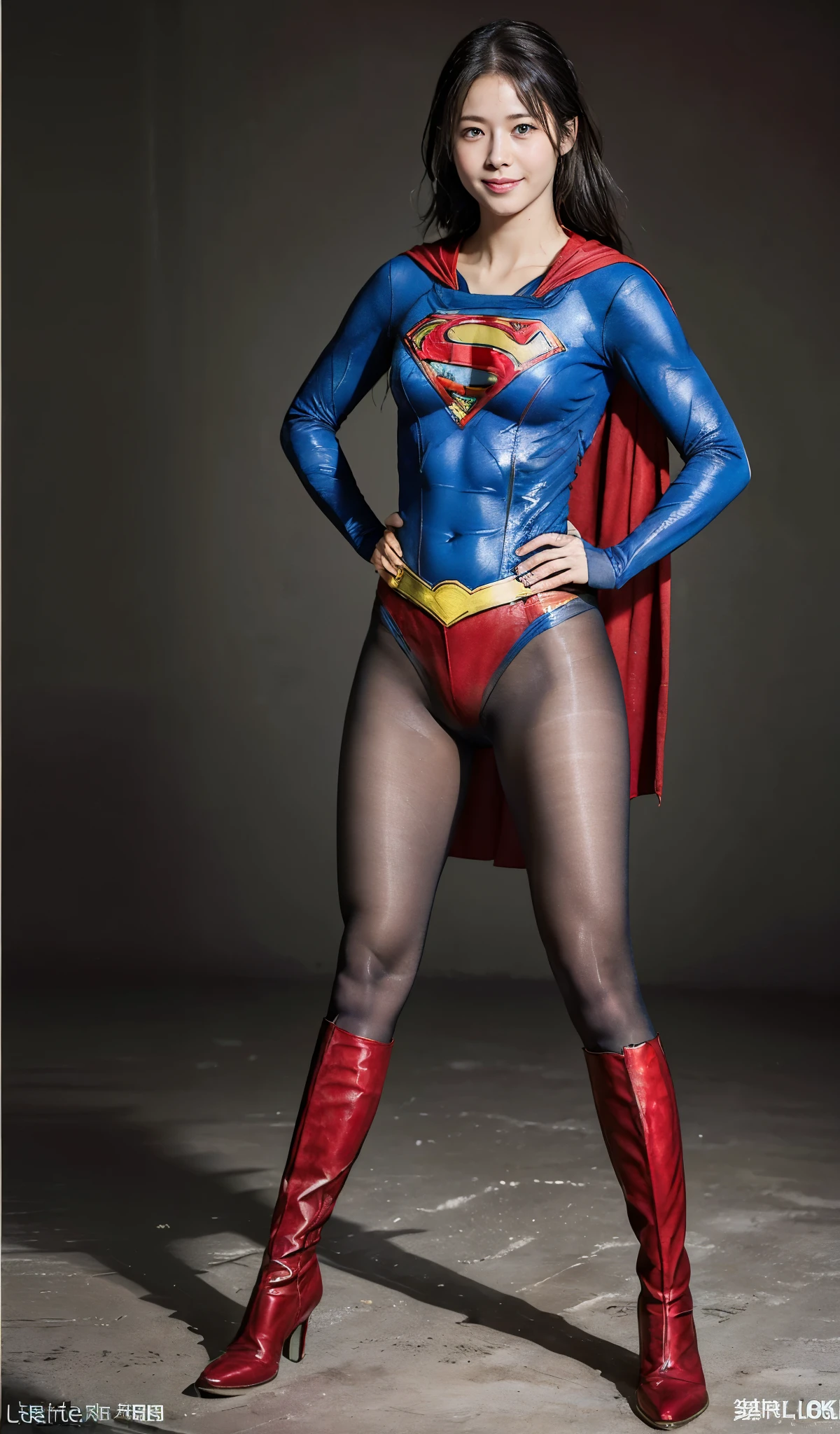 No background、(((Beautiful legs in black tights.)))、(((Legally express the beauty of your smile)))、((((Make the most of your original images)))、(((Supergirl Costume)))、(((Beautiful Hair)))、(((suffering)))、(((Please wear black tights....、Wear red boots)))、((Best image quality、8k))、((highest quality、8k、masterpiece:1.3))、(((Preserve background )))、Sharp focus:1.2、Beautiful woman with perfect figure:1.4、Slim Abs:1.2、Wet body:1.5、Highly detailed face and skin texture、8k