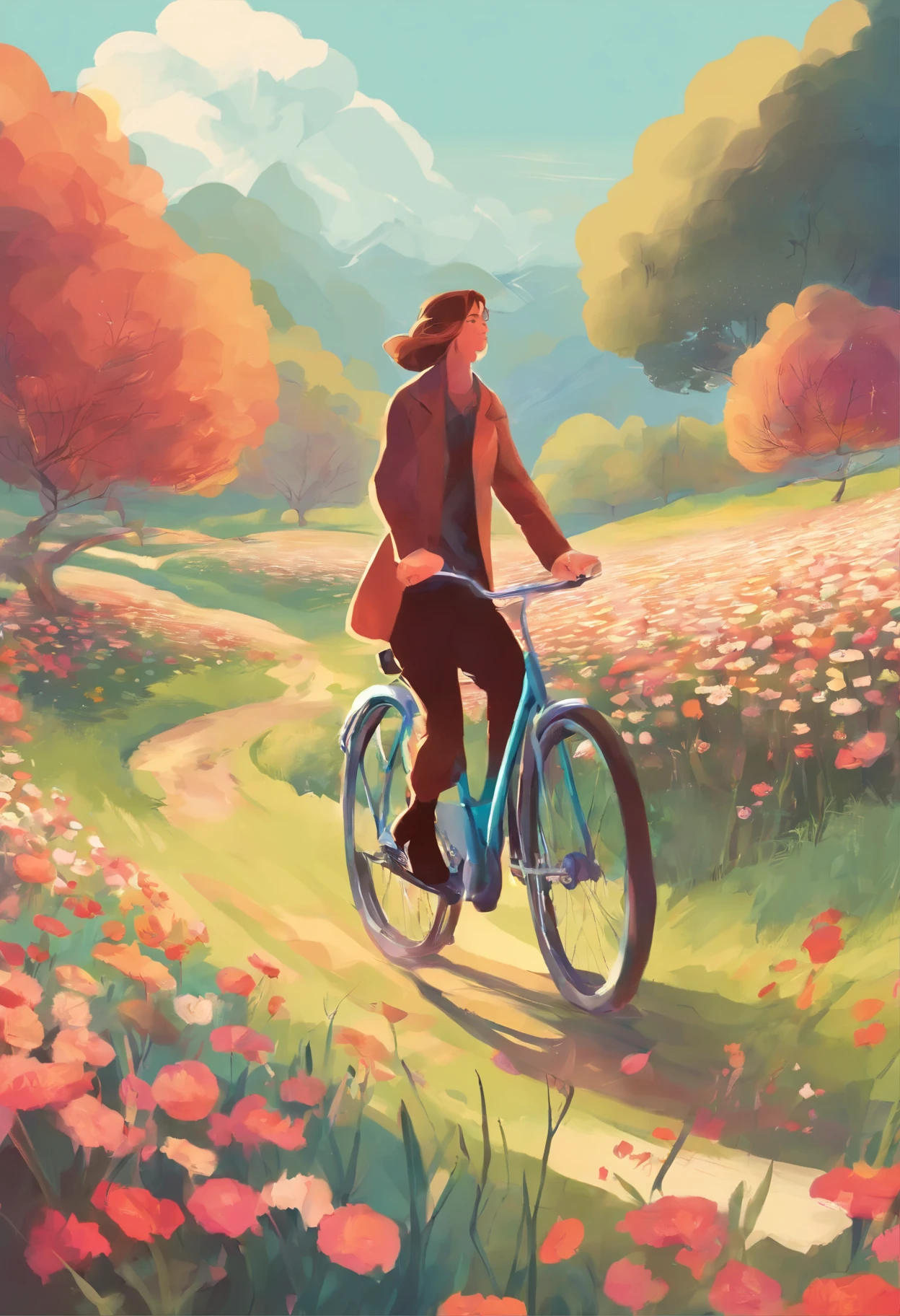 there is a man and woman riding a bicycle through a field of flowers, a digital painting by Andrée Ruellan, shutterstock contest winner, conceptual art, in style of digital illustration, blurred and dreamy illustration, dreamy illustration, blurry and dreamy illustration, colorful illustration, jen bartel, illutstration, illustration!, illustration”, procreate illustration, colorfull illustration